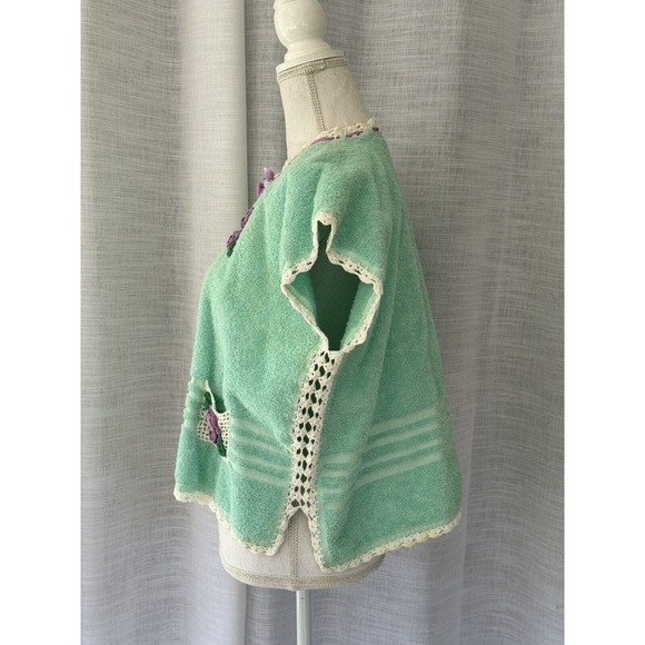Aqua Green Terry Towel Crop Vest Bath Cover Mid- Century Crochet Violet Flowers - Picture 5 of 9
